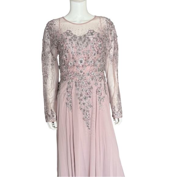 Mac Duggal High Neck Mesh Long Sleeve Embellished A Line Gown 20478 Womens Sz 14 - Picture 4 of 10